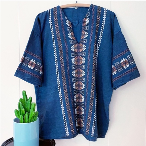 Vintage Other - VTG 70s Teal Embroidered Hippie Tunic Swim Coverup